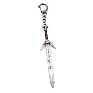 May include: A metal keychain shaped like a sword with a dark grey finish. The handle is brown with a silver pommel. The blade is silver-toned and features engraved runic symbols and a circular emblem along its length, attached to a circular ring.