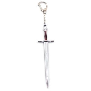 May include: A silver-toned metal sword keychain featuring a long, pointed blade, a straight crossguard, and a brown cylindrical handle. The sword is attached to a short silver chain and a circular metal split ring for secure attachment to keys.
