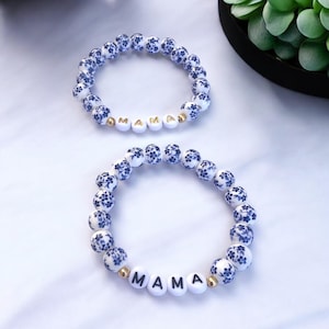 Personalized Custom Name Beaded Bracelet - Blue and White Floral Porcelain Bracelet - Gift for Her