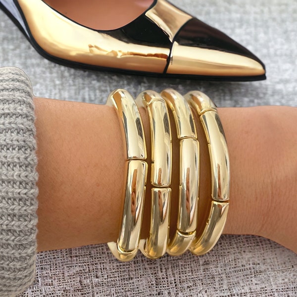 Acrylic Curved Tube Bead Bracelet | Stackable Golden Stretch Boho Bracelet