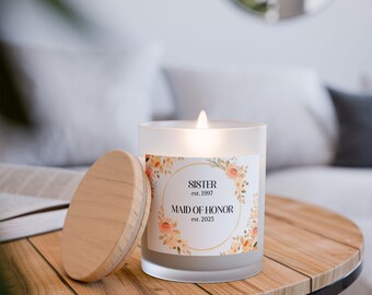 Vela de propuesta de dama de honor: vidrio esmerilado, mecha de madera, cera vegana