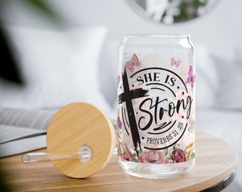 Vaso de vidrio con tapa de bambú y pajita de afirmación cristiana