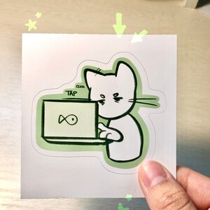 Tired Cat Working on Laptop ~ Cat Sticker ~ Meme Cat Sticker ~ Cute and Funny Gift