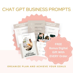 Peut inclure: Un graphique rose et blanc avec le texte "CHAT GPT BUSINESS PROMPTS" en lettres dorées. Le graphique présente une étoile rose avec trois pages blanches à l'intérieur. Les pages contiennent le texte "50 WAYS TO USE CHAT GPT IN BUSINESS" et "OPEN AI 50 WAYS TO USE CHAT GPT IN BUSINESS". Le graphique comprend également un cercle rose avec le texte "FREE Bonus Digital Gift With EVERY Order".