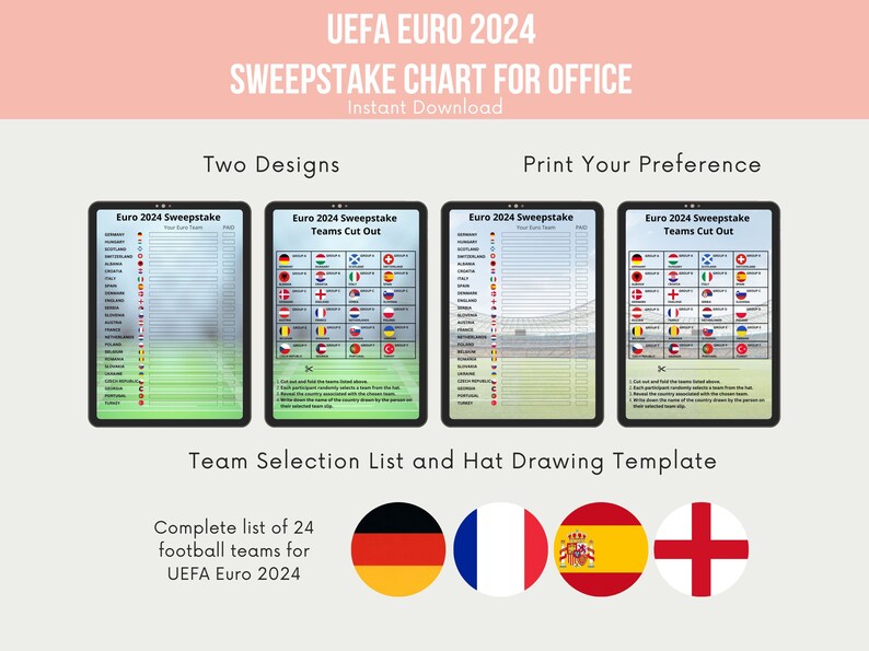 UEFA Euro 2024 Sweepstake Chart for Office Team Selection List and Hat Drawing Template Etsy