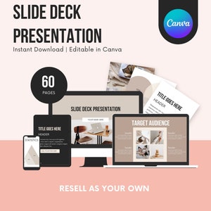 Könnte beinhalten: Eine digitale Marketing-Präsentationsvorlage mit 60 Seiten. Die Vorlage ist im minimalistischen Stil mit einer neutralen Farbpalette in Beige und Schwarz gestaltet. Die Vorlage ist in Canva bearbeitbar und enthält Folien für die Zielgruppe, Statistiken und eine Titelfolie. Der Text "RESELL AS YOUR OWN" wird am unteren Rand des Bildes angezeigt.