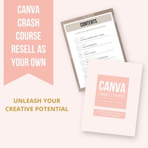 May include: A pink and white digital product mockup with the text "Canva Crash Course" and "Unleash Your Creative Potential". The mockup shows a table of contents with the text "Getting Started with Canva", "Your Workspace", "Your Toolset", and "Hyperlinks".