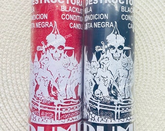 May include: Two glass candle jars with red and black wax. The jars have white labels with the text "DESTRUCTORA" and "DESTRUCTO" in Spanish. The labels also include the text "BLACKLIST CONDITION CANDLE" and "DUMIDUM". The text "PLEASE REFRAIN FROM INFRINGING UPON THE COPYRIGHT OF MALVERDEDESIGNS." is printed below the candles.