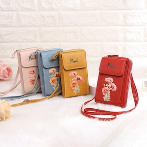 Sac bandoulière personnalisé pour femme, portefeuille personnalisé avec nom de fleur de naissance, joli portefeuille, cadeau pour femme fille maman, cadeau de Noël, fête des mères