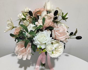 Boho&hippie Wedding  Bouquet/White n Pink Rose Bouquet/Bridal and Bridesmaids Bouquets/Wedding decor/Silk Flower Wedding Bouquet