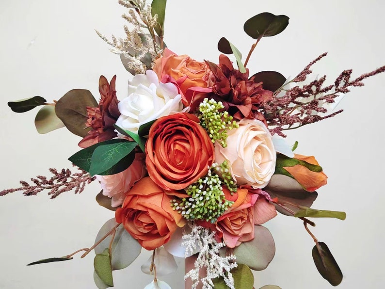 Fall Rustic Wedding Bouquet/Burnt Orange Bouquet/Bridal and Bridesmaids Bouquet/Wedding decor/Rose Flower Wedding Bouquet/Autumn Wedding image 2