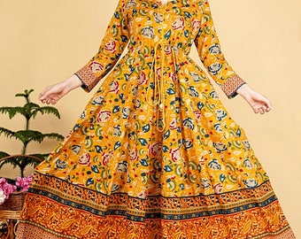 100 % rayonne Kurta femme Anarkali de meilleure qualité, facile lavable, lavage en machine, robes grandes et grandes tailles, robes femmes, femmes kurti jaune