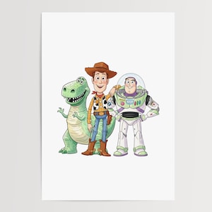 May include: Illustration of three animated characters: a green Tyrannosaurus Rex, a cowboy with a brown hat, and a space ranger in a white and green suit. The characters are from the animated movie Toy Story.