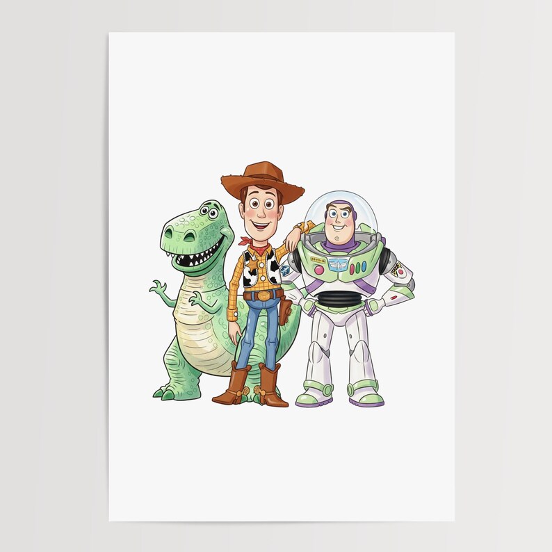 May include: Illustration of three animated characters: a green Tyrannosaurus Rex, a cowboy with a brown hat, and a space ranger in a white and green suit. The characters are from the animated movie Toy Story.