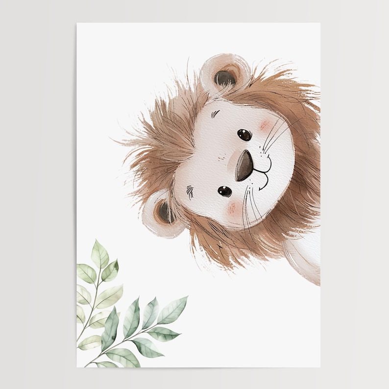 May include: Watercolor illustration of a friendly lion cub with a brown mane and a light beige face. The lion is peeking from the right side of the image. Green leaves are in the lower left corner. The background is white.