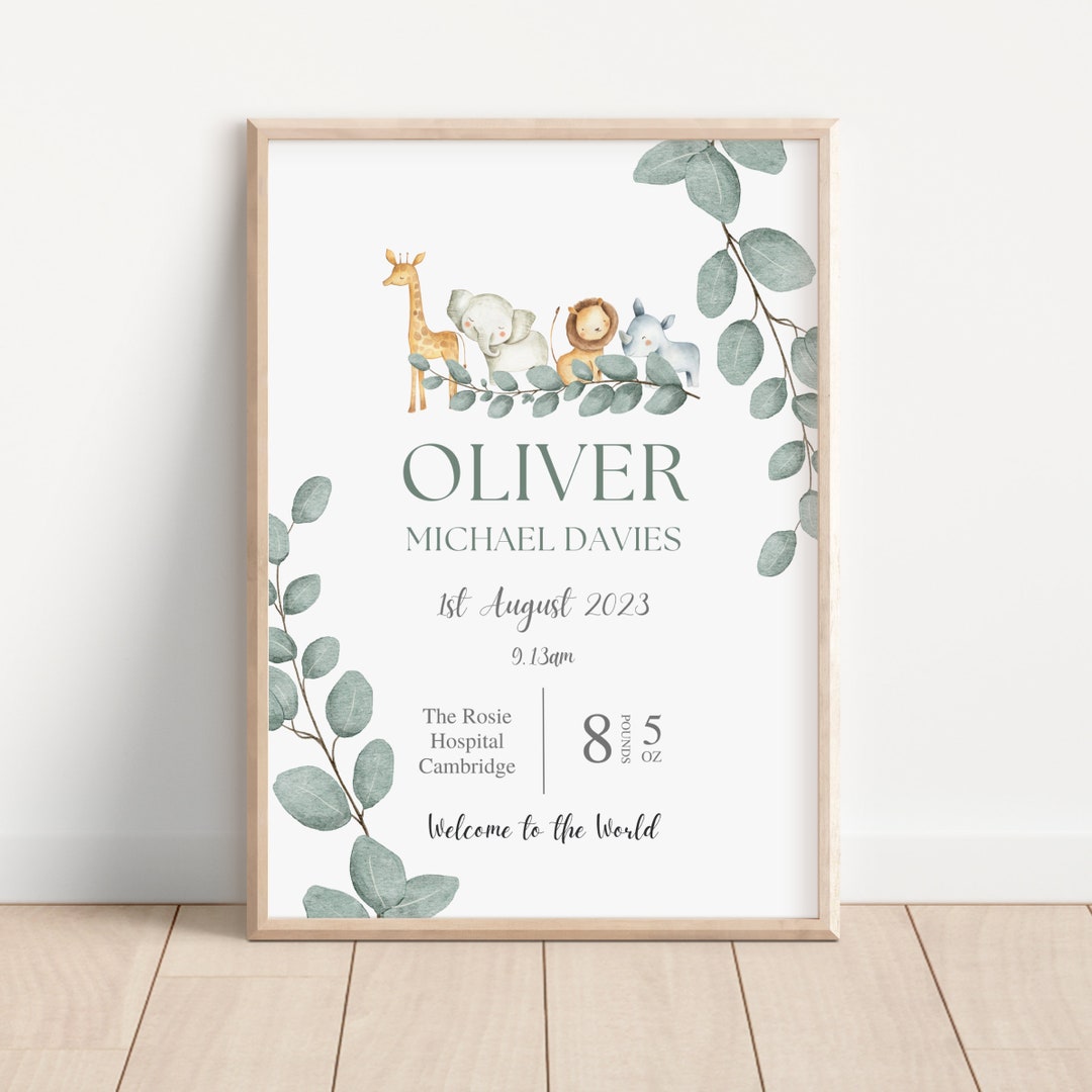 Safari Animal Birth Details Print | New Baby Gift | Personalised ...