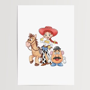 May include: A vibrant cartoon illustration of Toy Story characters. Jessie, in a red hat and cow-print chaps, is depicted with a horse and Mr. Potato Head. The artwork uses bright colours and bold outlines, typical of animation.