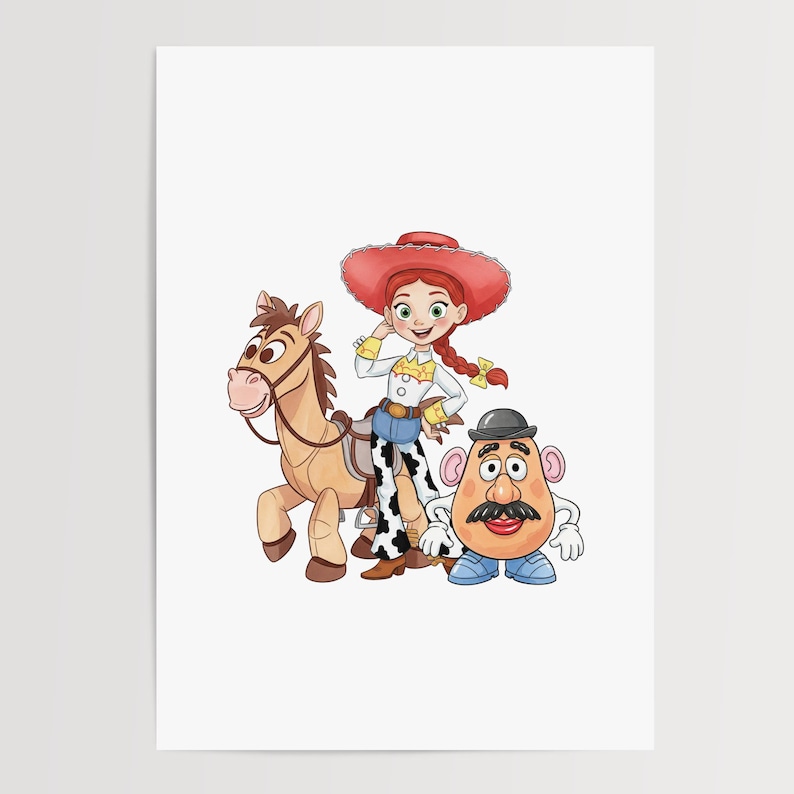 May include: A vibrant cartoon illustration of Toy Story characters. Jessie, in a red hat and cow-print chaps, is depicted with a horse and Mr. Potato Head. The artwork uses bright colours and bold outlines, typical of animation.