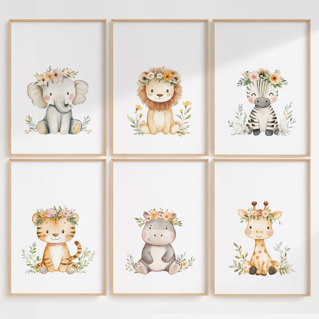 Floral Safari Animal Nursery Prints: Kids Jungle Theme Wall Art (prints ...