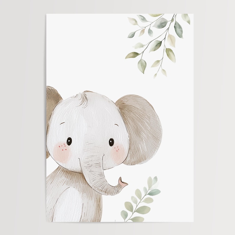 May include: Watercolor illustration of a baby elephant with large ears and rosy cheeks. The elephant is light gray with a white head and trunk. Green leaves and branches are in the background. A cute nursery art print.