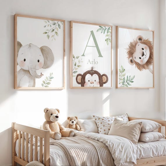 Personalised Safari Wall Art Set of 3 | Elephant Lion Monkey Nursery Decor | Baby Name Initial Jungle Prints
