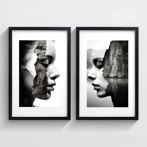 May include: Two black and white framed prints of a woman's face with a mountain landscape superimposed over it. The woman's face is in profile and the mountain landscape is reflected in a lake.