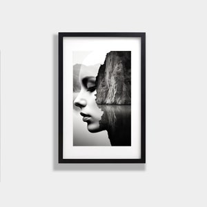 May include: Black and white photo of a woman's face with a mountain range and a body of water superimposed over it.