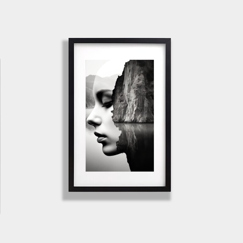 May include: Black and white photo of a woman's face with a mountain range and a body of water superimposed over it.