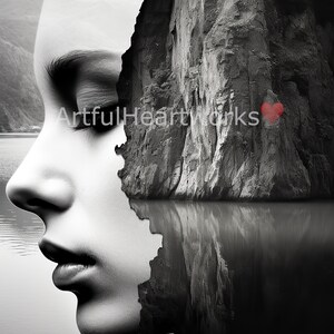 May include: A black and white photo of a woman's face with a rocky cliff face superimposed over it. The cliff face is reflected in the water below. A red heart is visible on the cliff face.