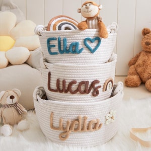 Personalisierter handgemachter Korb, Babygeschenk, Babypartygeschenk Baumwollseil-Korb, Babykorb, Spielzeugkorb-Name Neugeborenes Monogramm-Baby-Namensgeschenk