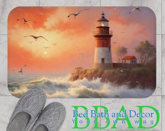 Seaside Lighthouse Bath Mat - Coastal Nautical Sunset Scenery, Super Soft Fast Drying Non Skid