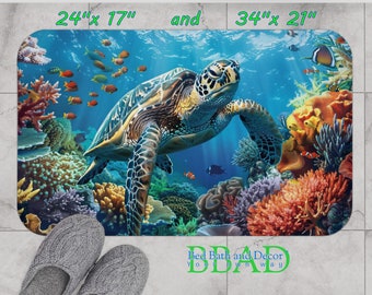 Sea Turtle Bath Mat - Ocean Theme Bathroom Decor, Nautical Non-Slip Rug, Marine Life Home Accessory