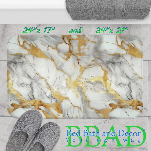 Marble Pattern Bath Mat | Light Grey & Gold Veined Luxury Mat | 2 Sizes Available | Elegant Bathroom Decor