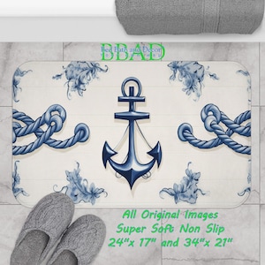 Blue Anchor Bath Mat | Nautical Maritime Decor | Coastal Accents | Elegant Bathroom Floor Accent