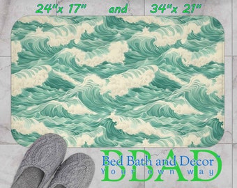 Tapis de bain vagues côtières - Décoration de salle de bain Serene Beach, tapis antidérapant océan bleu sarcelle