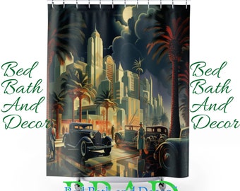 Art Deco Cityscape Shower Curtain - Vintage Style Bath Decor, Classic Car Bathroom Accessory, Retro Palm Tree Design, Nostalgic Home Accent