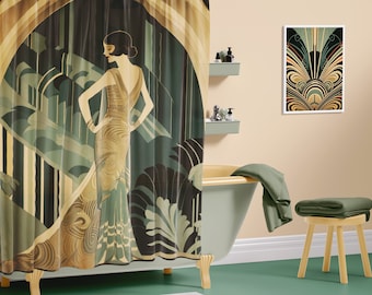 1920s Eleganter Art Deco - Vintage Flapper Duschvorhang - Zeitloses Klassisches Design - Duschkabine Sichtschutz