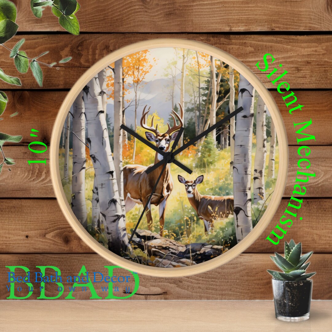 Stag Deer Wall Clock - Birch Forest Scene, Tranquil Wildlife Home Decor ...