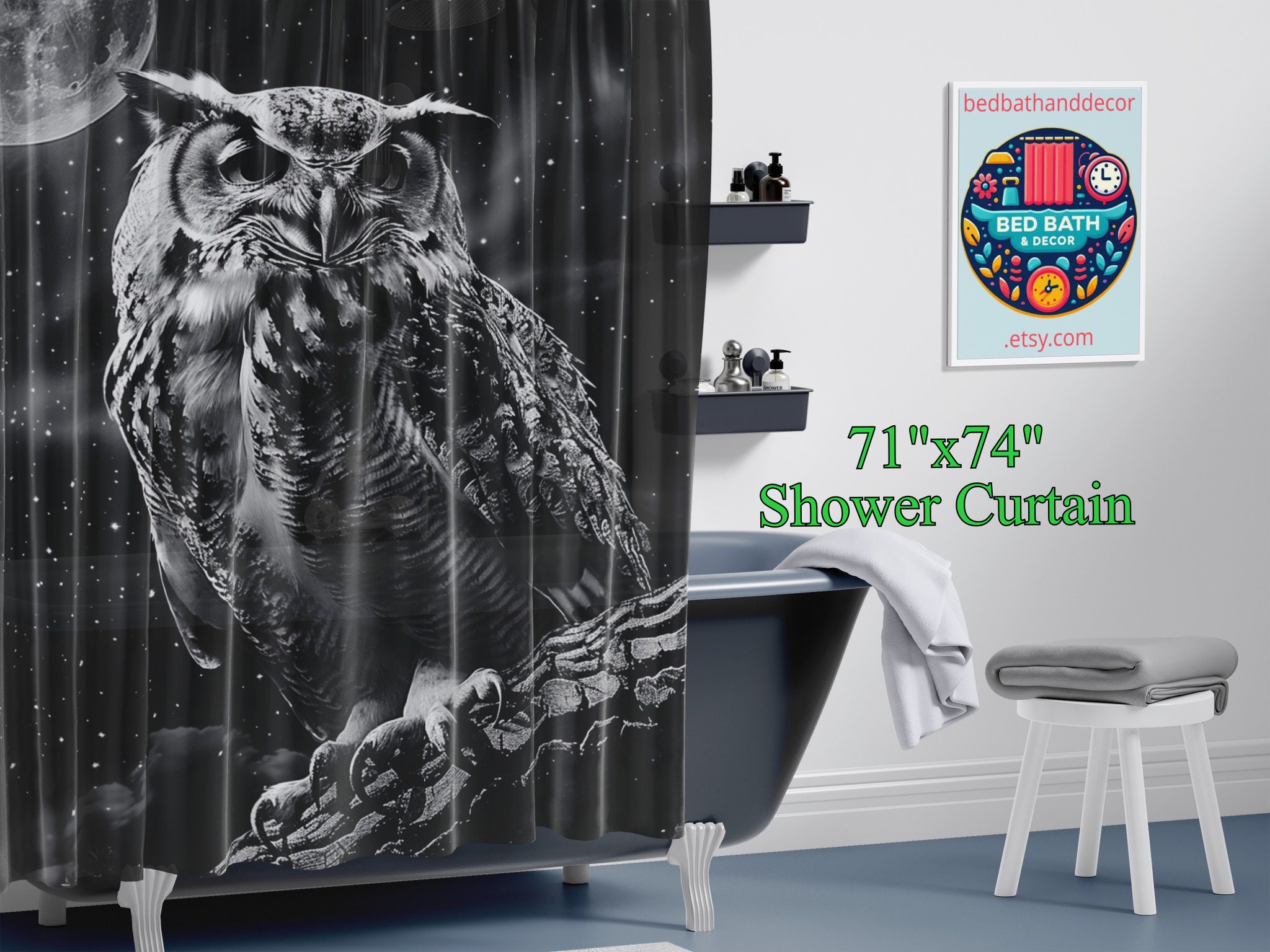 Mystic Owl Shower Curtain - Moonlit Night Sky Design, Enigmatic Wildlife Decor