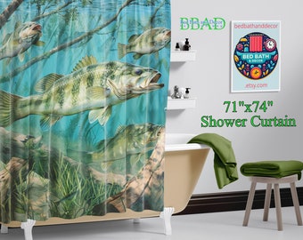 Bass Fish Shower Curtain - Freshwater Fishing Scene, Angler's Bathroom Decor, Waterproof Outdoor Theme