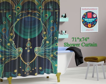 Two Sides of Woman Art Deco Peacock Shower Curtain - Elegant Golden Accents, Vintage Bath Art Nouveau