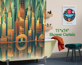 Urban Skyline Shower Curtain - Stylized City Reflection, Modern Home Decor