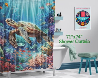 Sea Turtle Shower Curtain - Vibrant Ocean Scene, Marine Life Bathroom Decor, Waterproof Nautical Curtain