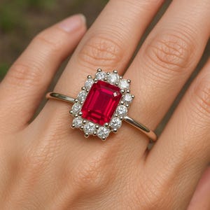 Natural Red Ruby Engagement Ring 5ct Emerald Cut Vintage Rose Gold Engagement Cluster Ring Moissanite Bridal Rings Promise Rings Anniversary