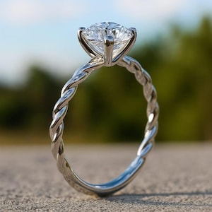 Pierścionek zaręczynowy z skręconym solitaire ze srebra próby 925 – okrągły diament o szlifie brylantowym