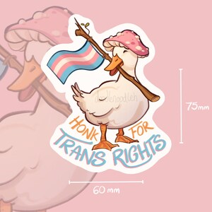 May include: A sticker featuring a cartoon duck wearing a mushroom hat and holding a Transgender Pride flag. The sticker reads "Honk for Trans Rights" in blue and orange text. The sticker is 60 mm wide and 75 mm tall.