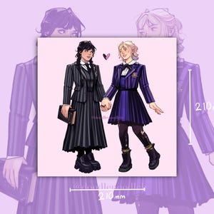 May include: Illustration of two figures holding hands, dressed in matching striped outfits. One figure wears black and grey, the other blue and purple. The image is set against a light pink background, with a purple striped border. The dimensions are 210mm.