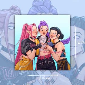 May include: Square print featuring three stylized figures with vibrant hair colors: pink, purple, and black. They are embracing and forming a heart shape with their hands. The print measures 210mm x 210mm. The artwork has a modern, illustrative style.