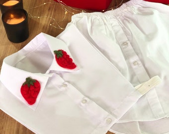 Valentine's Day Gift for Girlfriend, Valentine's Day Gift for Her, strawberry embroidered collar fake shirt and white shirt skirt, 2 pieces