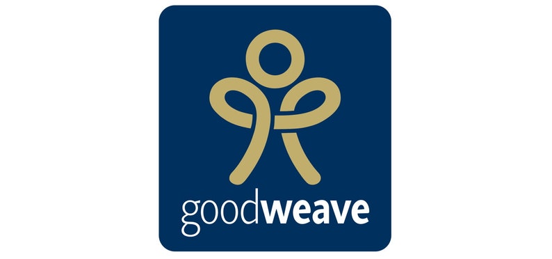May include: The GoodWeave logo features a stylized gold figure within a dark blue square. The figure resembles a person with arms outstretched. The word "goodweave" is written in white below the figure.